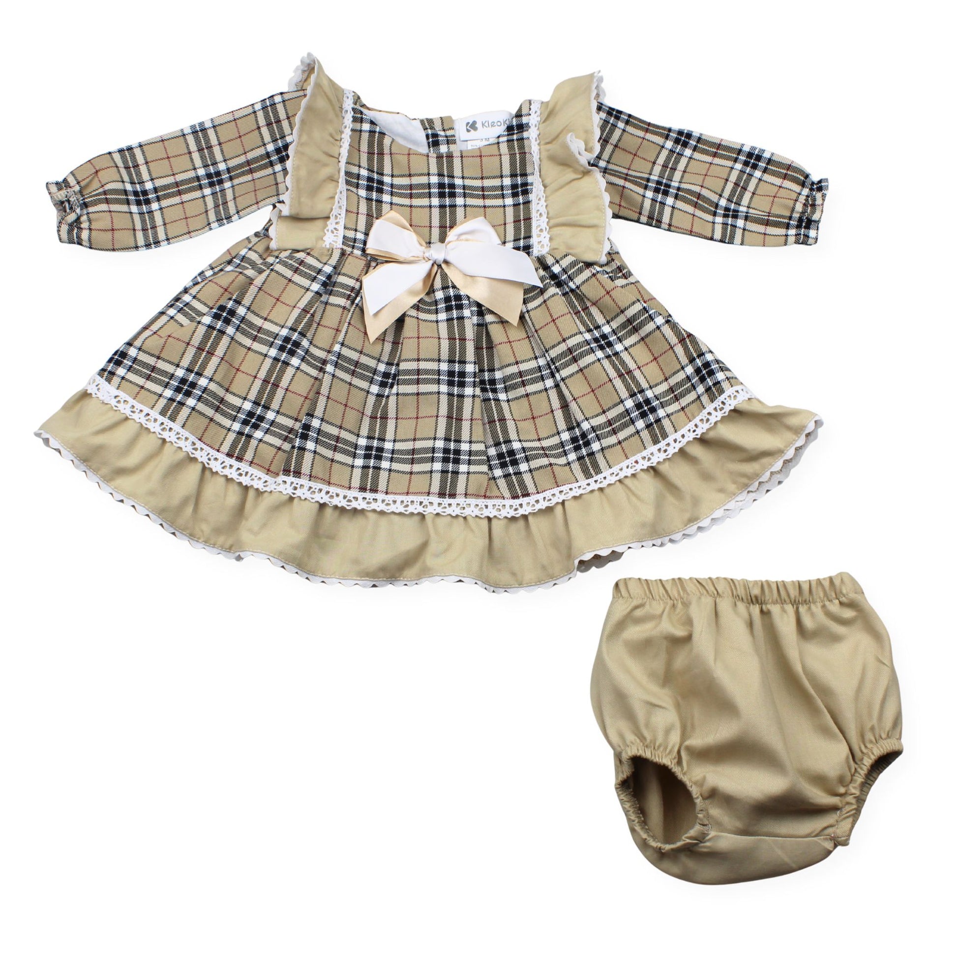 Plaid dress with a bow and matching bloomers on a white background