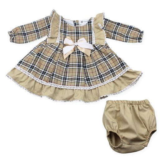 Plaid dress with a bow and matching bloomers on a white background