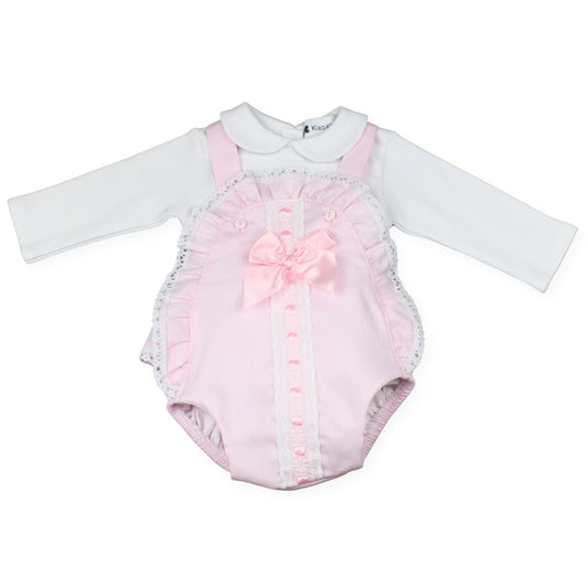 Pink baby romper with ruffles and a white long-sleeve shirt on a white background