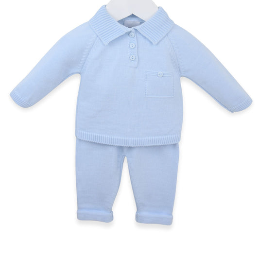 PEX Baby Boys Blue Knitted Two-Piece Set with Collar and Pocket