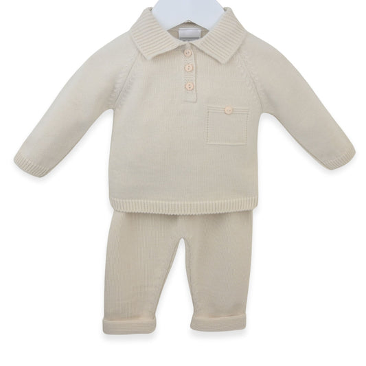 PEX Baby Boys Beige Knitted Two-Piece Set with Collar and Pocket