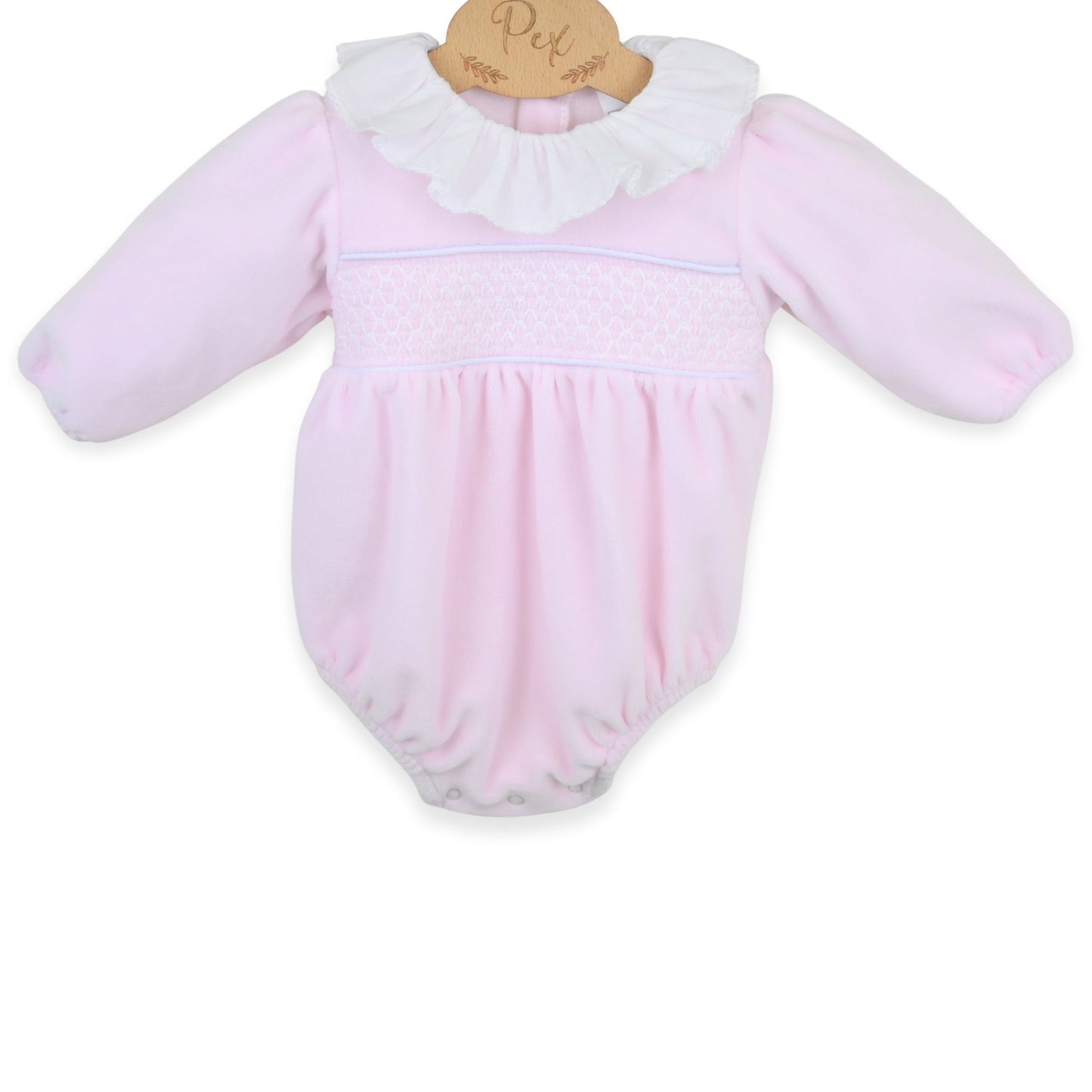 PEX Baby Girls Pink Velour Romper with Smocking and Ruffle Collar