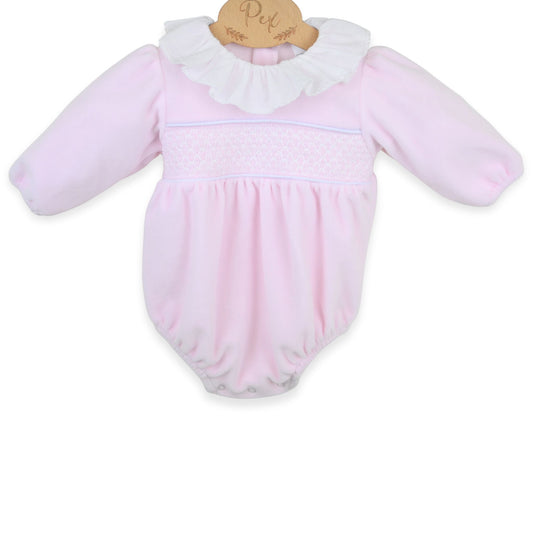 PEX Baby Girls Pink Velour Romper with Smocking and Ruffle Collar