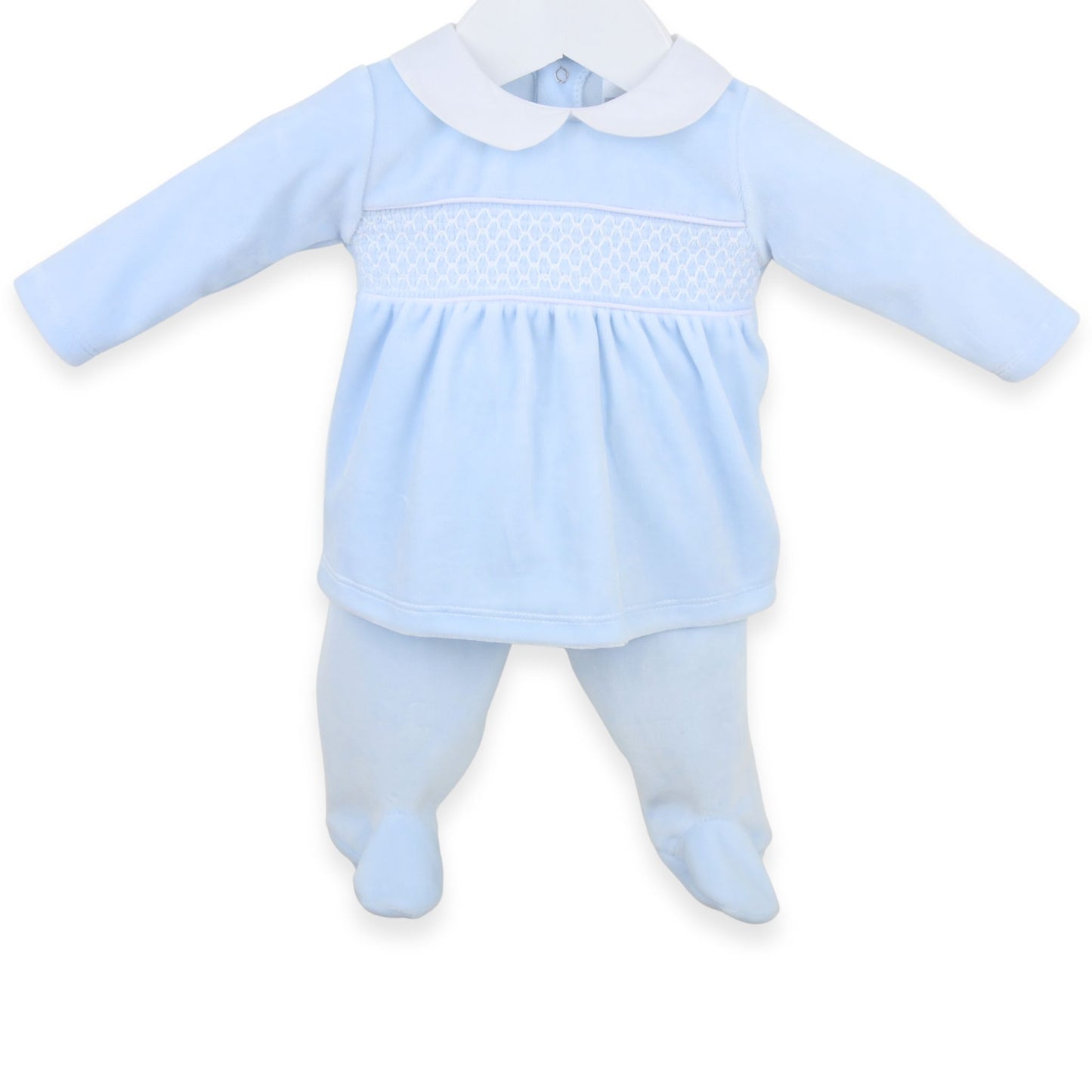 PEX Baby Boys Blue Velour Smocked Top & Footed Trousers Set