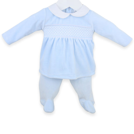 PEX Baby Boys Blue Velour Smocked Top & Footed Trousers Set