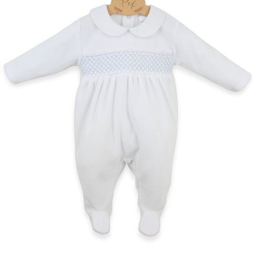 PEX Baby Boys White Velour Sleepsuit with Blue Smocking