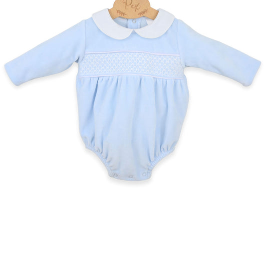 PEX Baby Boys Blue Velour Romper with Smocking