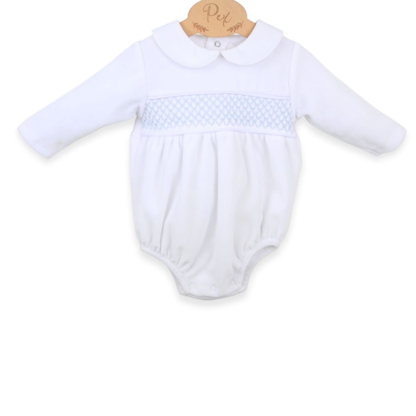 PEX Baby Boys White Velour Romper with Blue Smocking