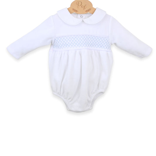 PEX Baby Boys White Velour Romper with Blue Smocking