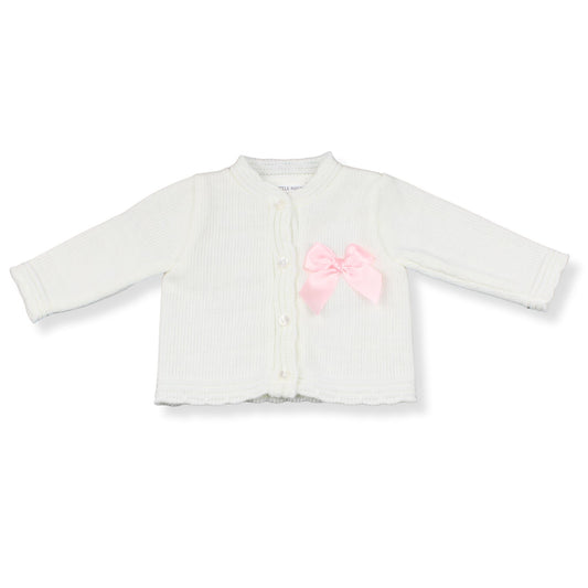 Baby Girls Knitted Cardigan with Pink Bow - White
