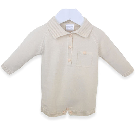 PEX Baby Boys Beige Knitted Romper with Collar & Button Pocket Detail
