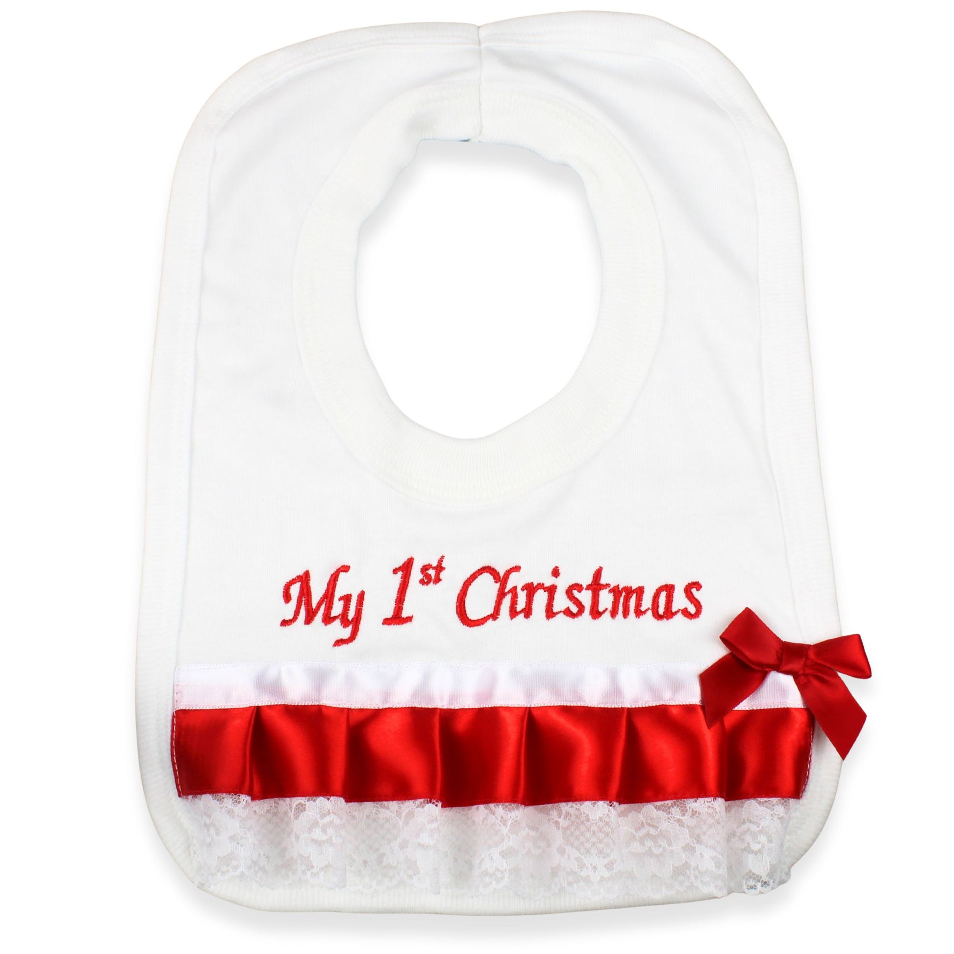 White baby bib with red ribbon and 'My 1st Christmas' text on a white background
