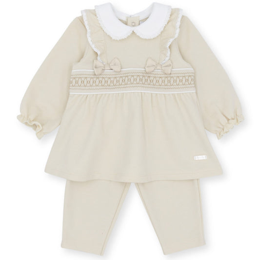 Amore Beige Baby Dress & Leggings Set – Smocked Detail