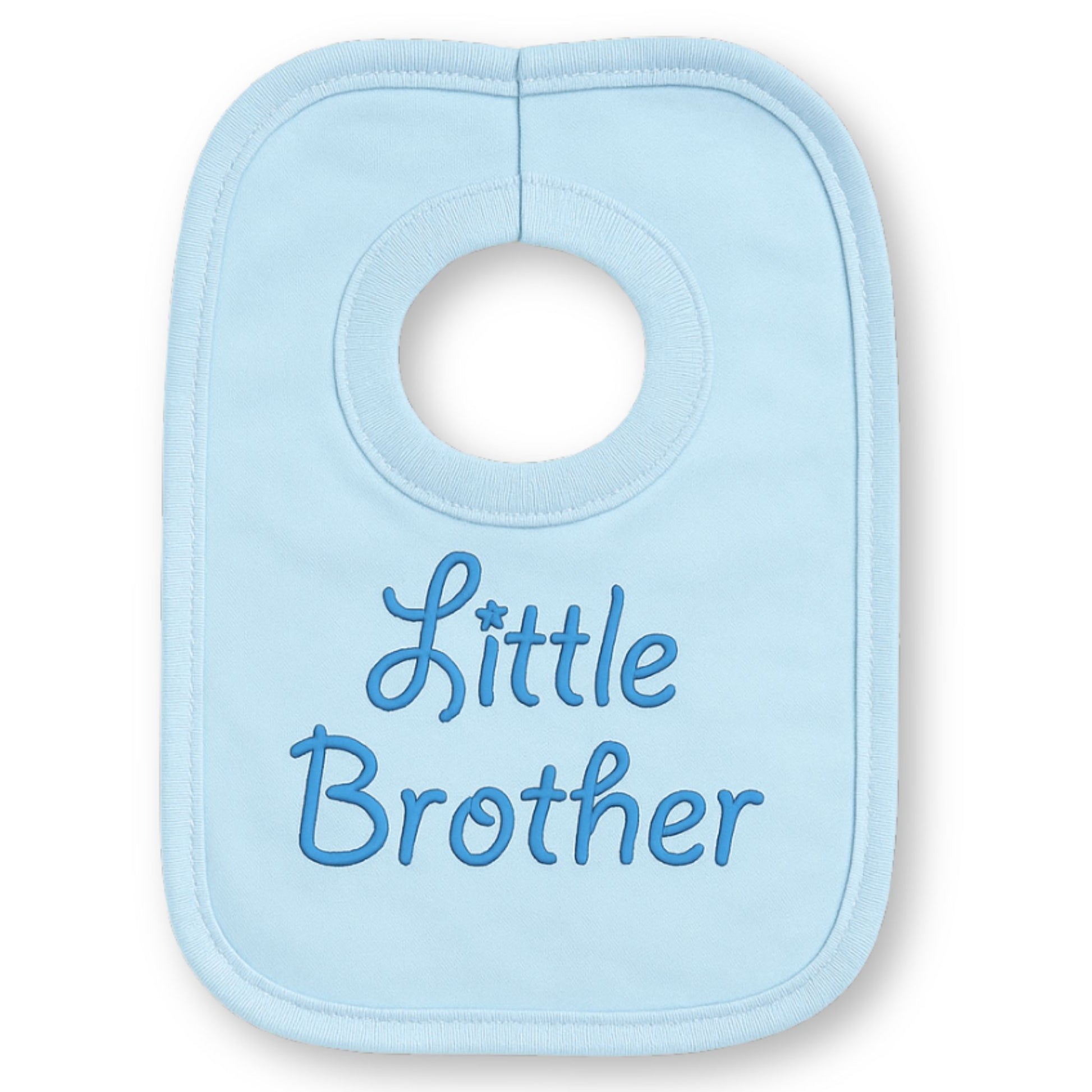Light blue bib with 'Little Brother' text on a white background