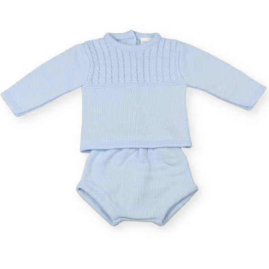 Light blue baby outfit with long-sleeve top and shorts on a white background