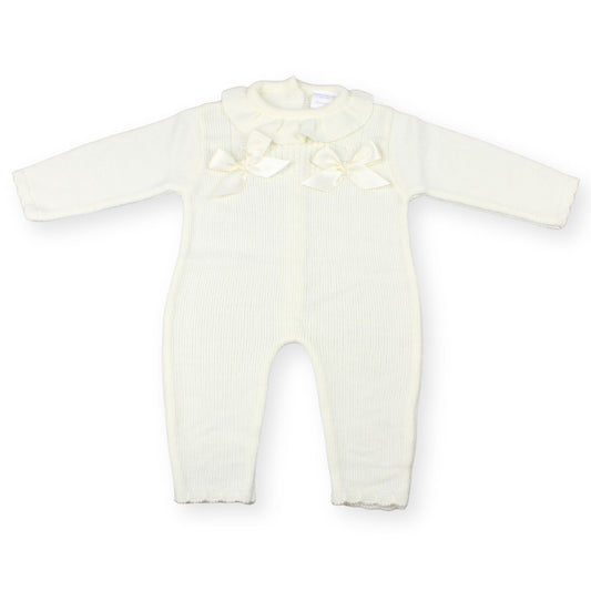 Little Nosh Cream Knitted Baby Romper with Bows – Made in Portugal