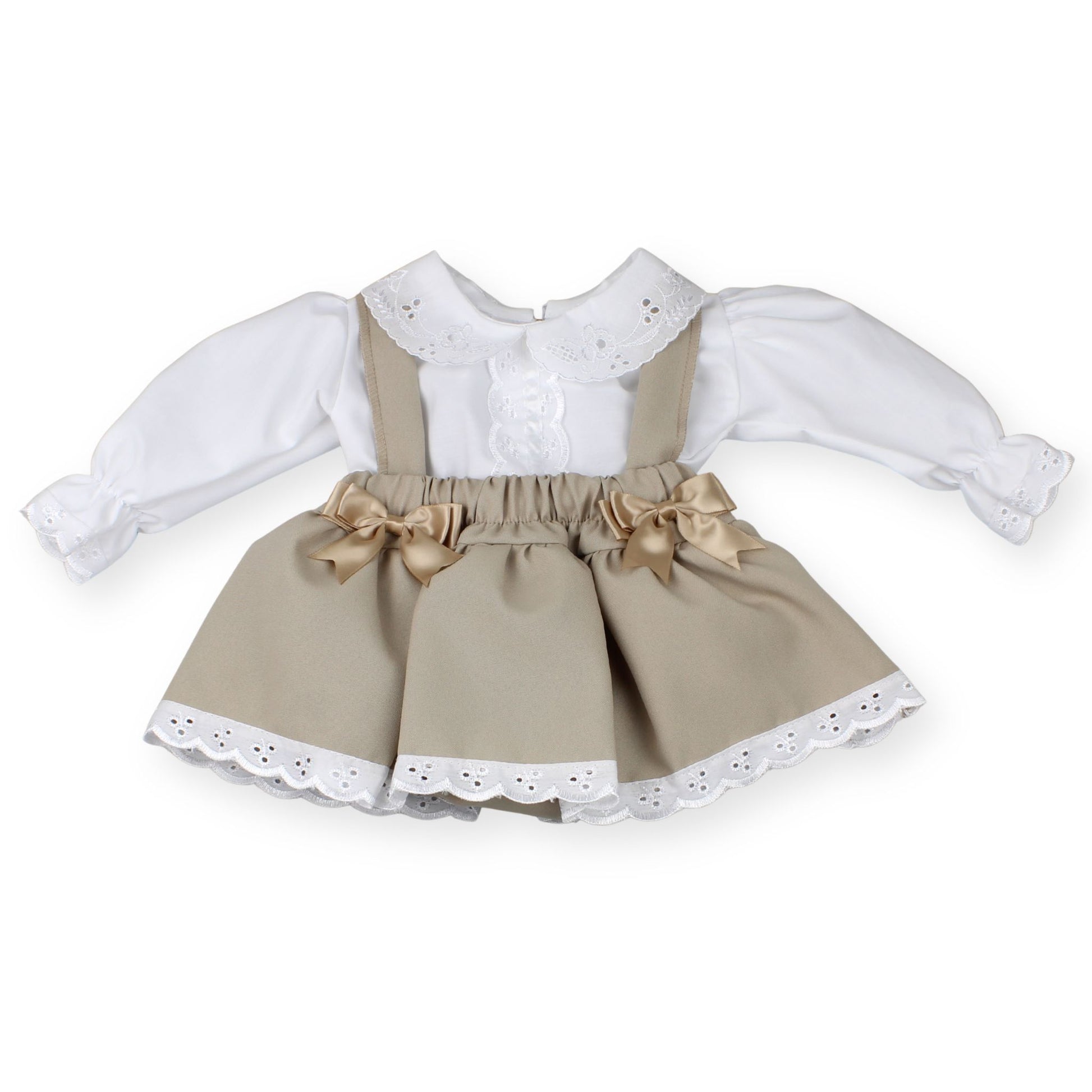 babys's dress with white blouse and beige skirt on a white background