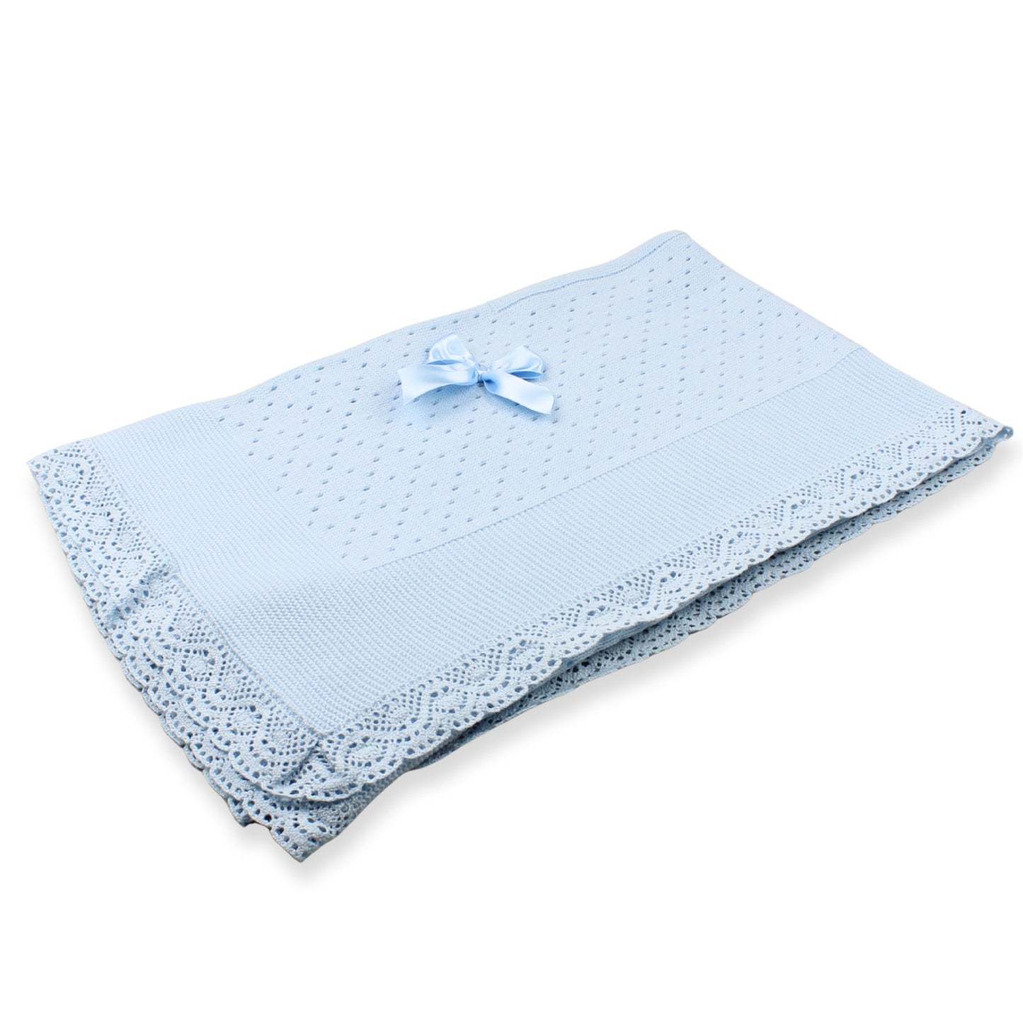 Light blue baby blanket with lace edge and bow on a white background