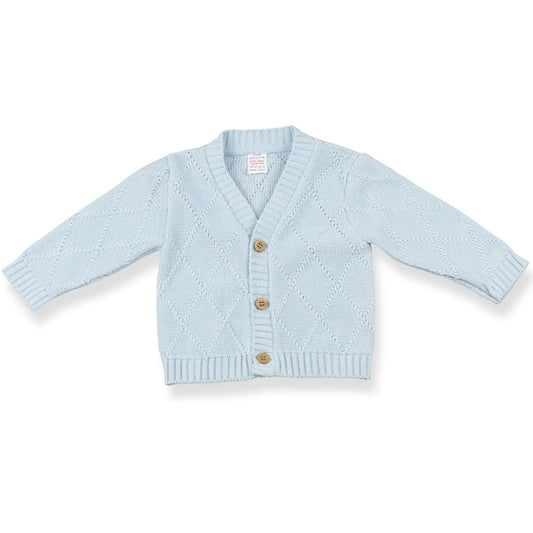 Light blue baby cardigan with button details on a white background
