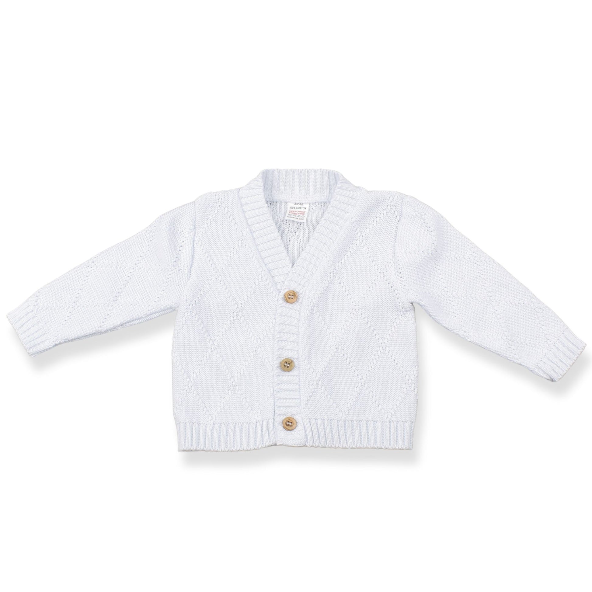 White baby cardigan with wood buttons on a white background