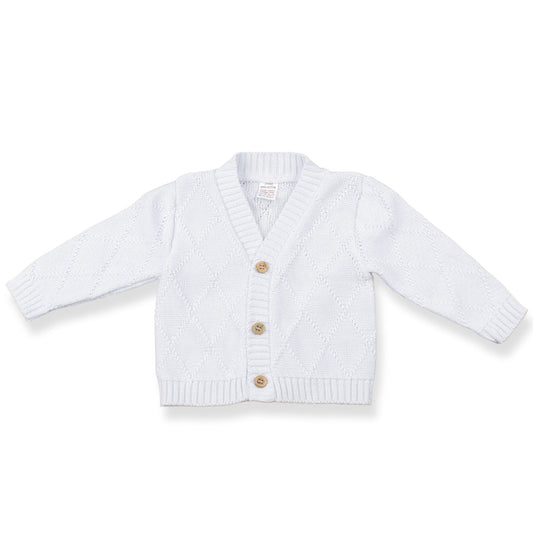 White baby cardigan with wood buttons on a white background
