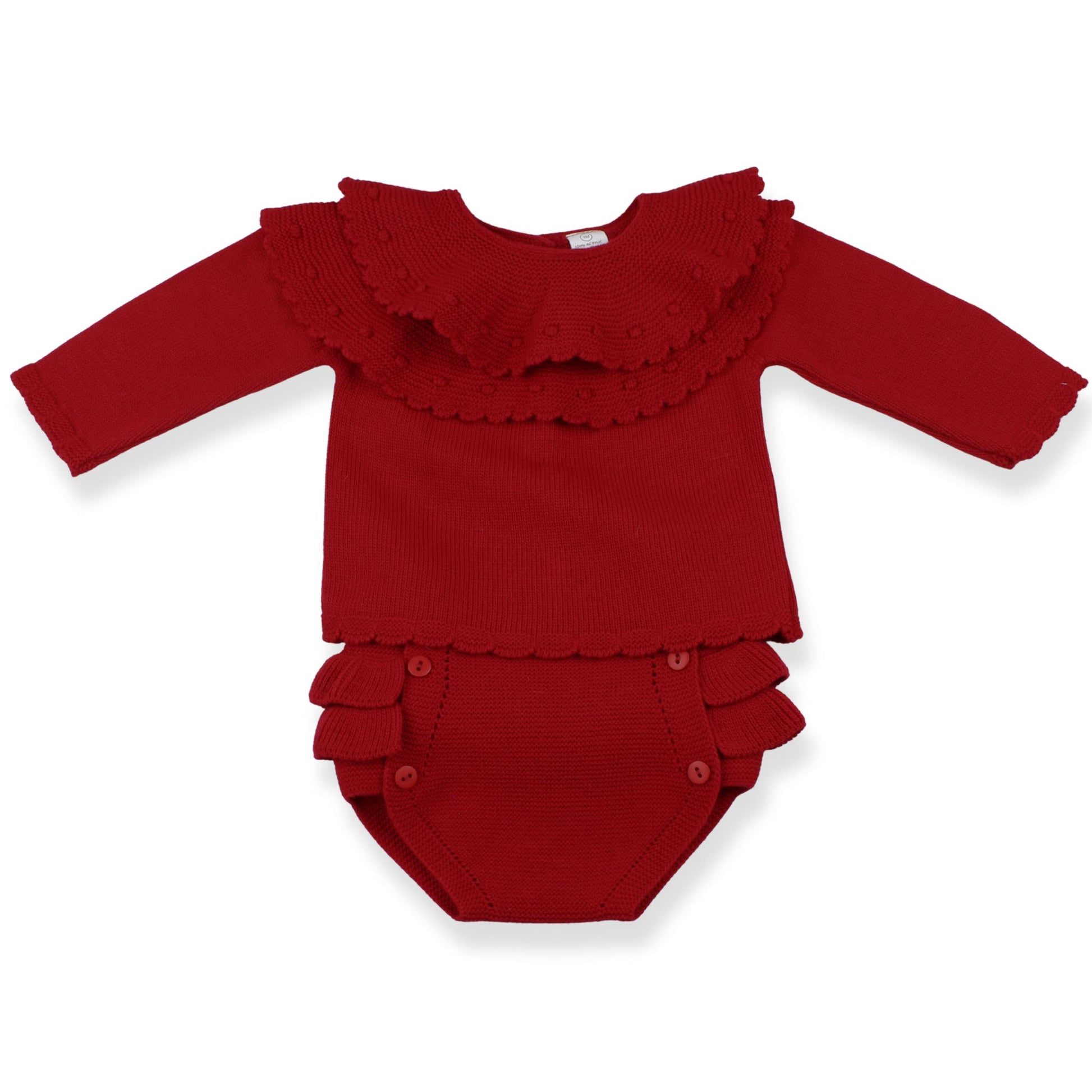 Red baby outfit with ruffled details on a white background