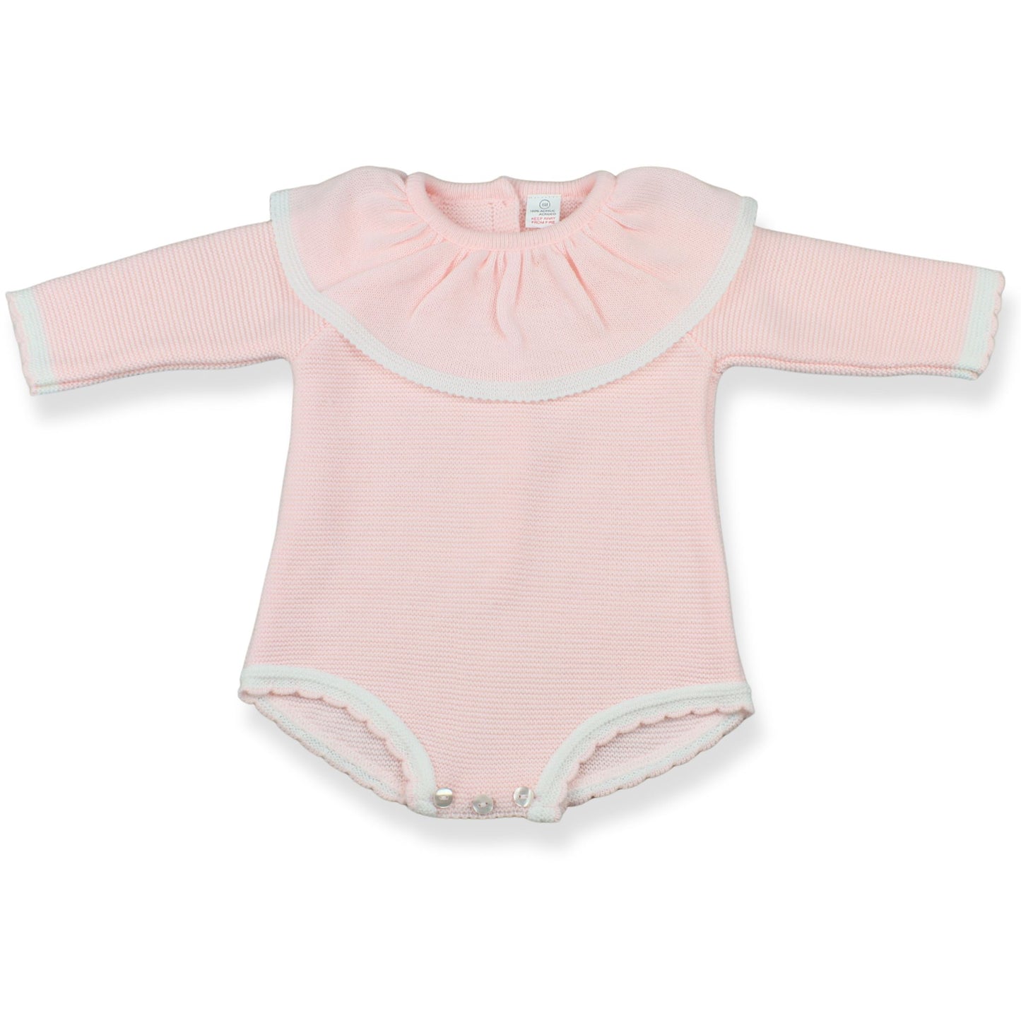 Pink baby bodysuit with long sleeves on a white background