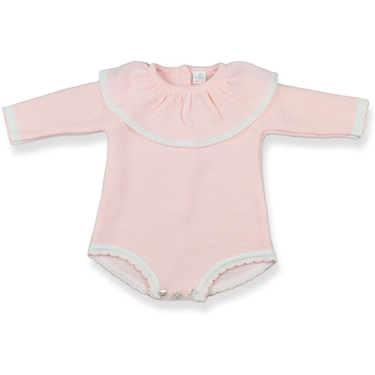 Pink baby bodysuit with long sleeves on a white background