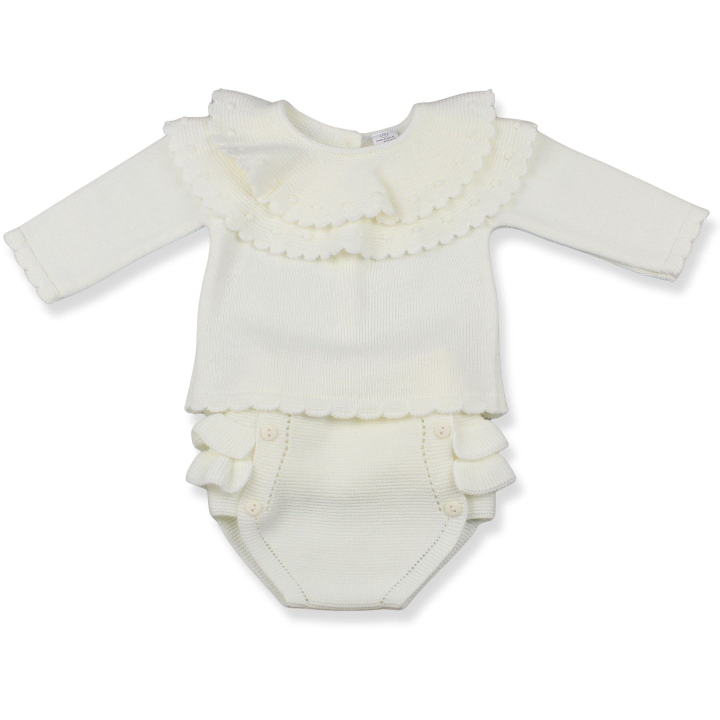 White baby romper with ruffled details on a white background