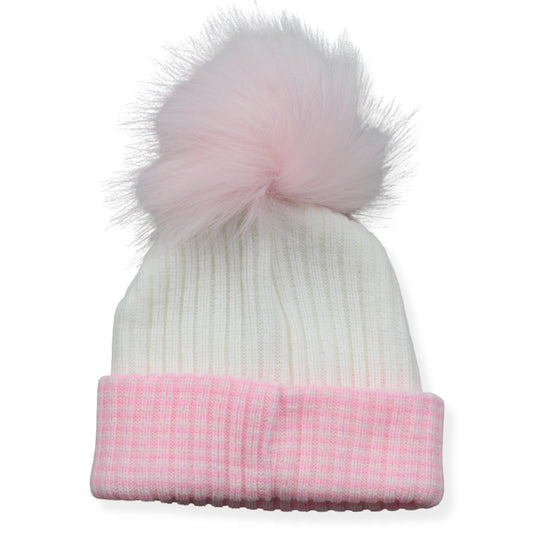 Newborn Baby White Candy Pink Faux Fur Pom Pom Hat-First Size