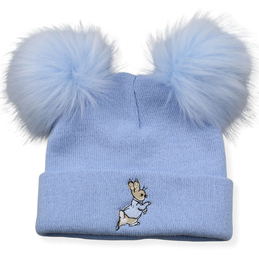 Pastel Blue Double Pom Hat with Rabbit - 1 to 6 years
