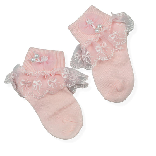 Baby Girl Fancy Lace Satin Pink  Ankle Socks