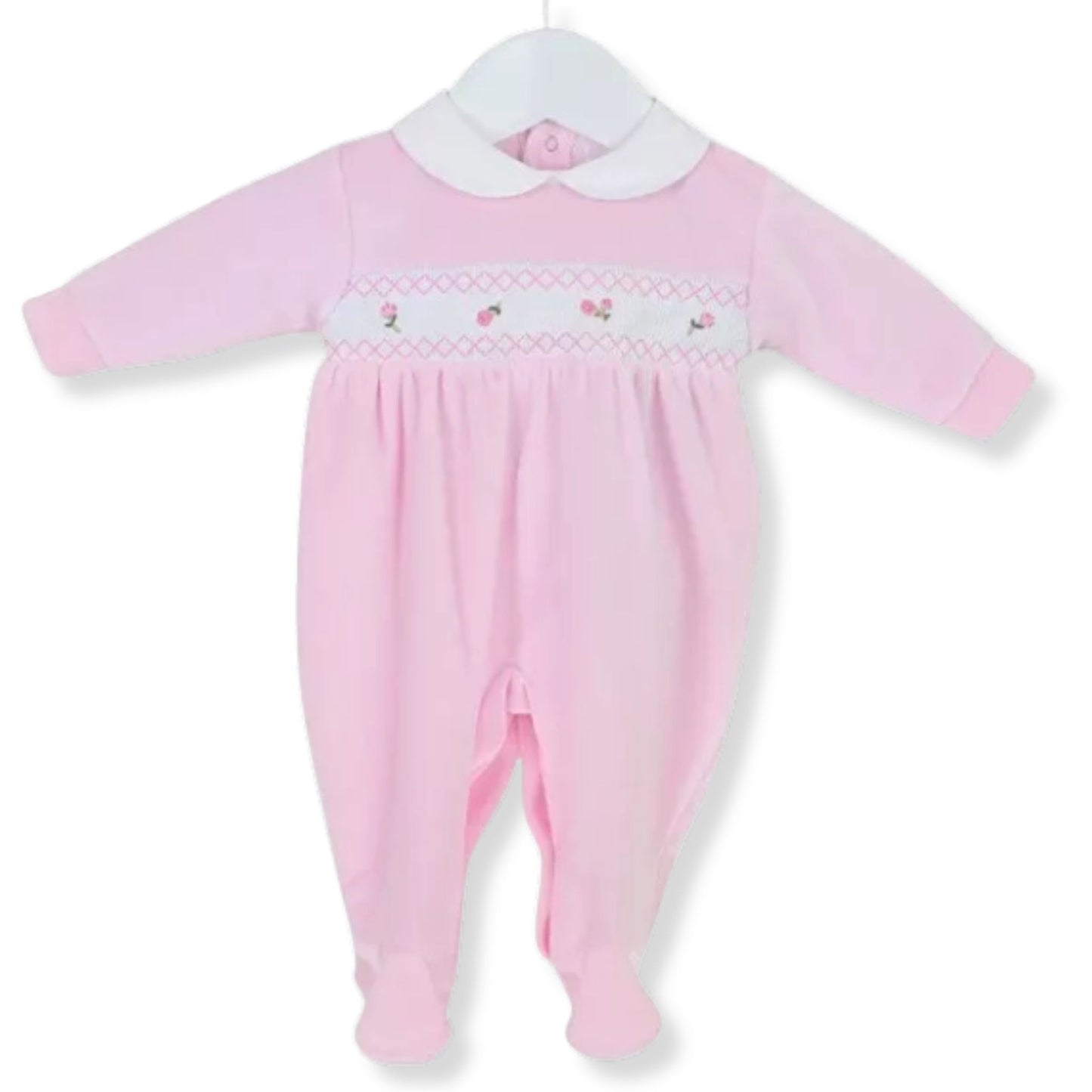 Baby Girls Velour Sleepsuit – Pink with Smocking & Embroidered Roses | Pex
