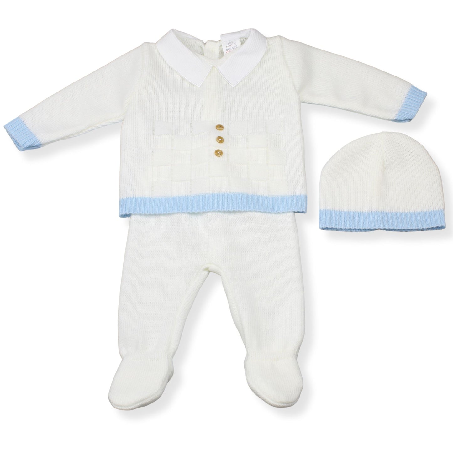 White & Blue Knitted Three-Piece Set – Made in Portugal (Newborn to 3 Months)