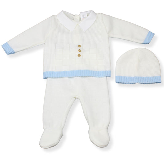 White & Blue Knitted Three-Piece Set – Made in Portugal (Newborn to 3 Months)