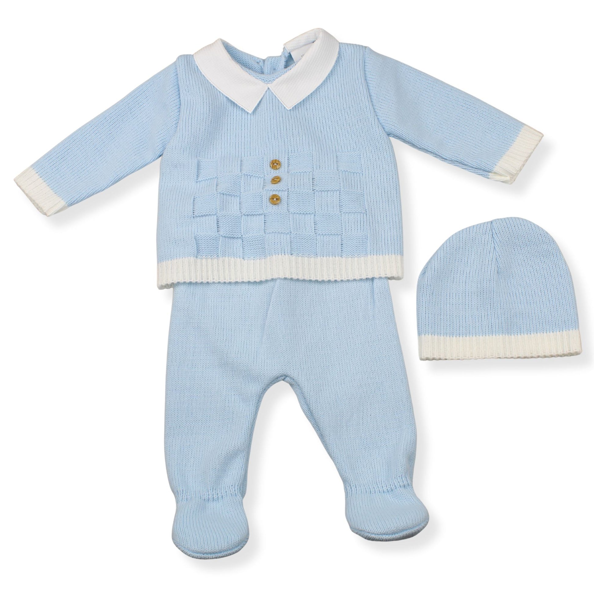 Light blue baby outfit with matching hat on a white background