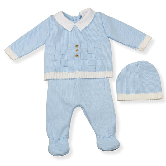 Light blue baby outfit with matching hat on a white background