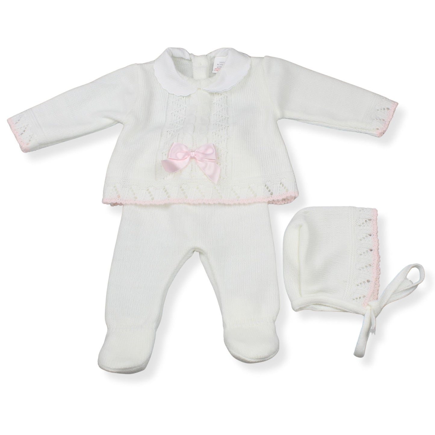 White and Pink Cable Knitted Baby Girls Set | Made in Portugal | Newborn to 3 Months