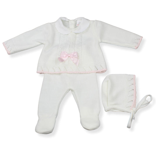 White and Pink Cable Knitted Baby Girls Set | Made in Portugal | Newborn to 3 Months