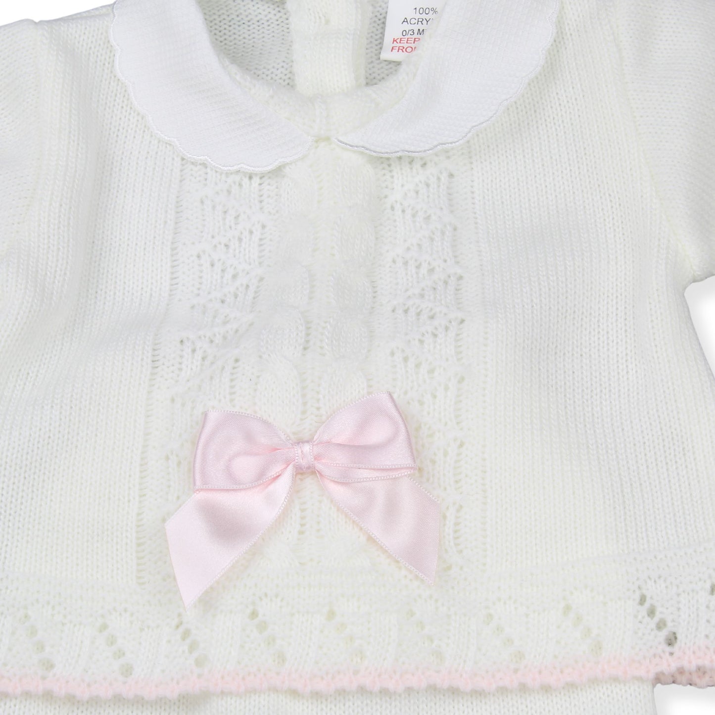 White and Pink Cable Knitted Baby Girls Set | Made in Portugal | Newborn to 3 Months