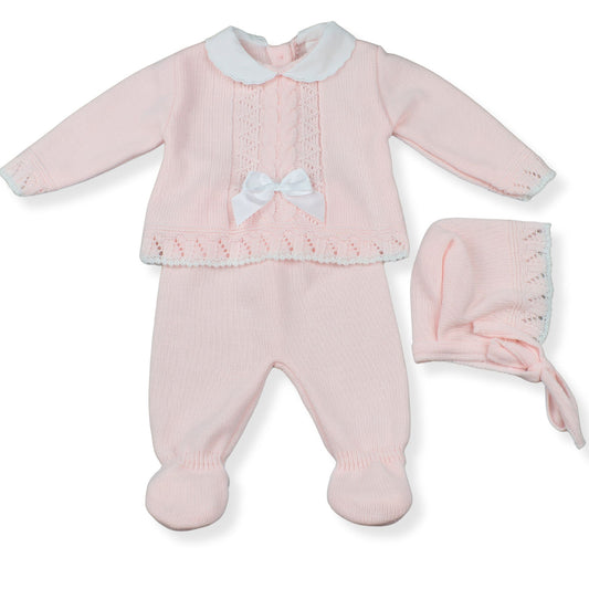 Pink and White Cable Knitted Baby Girls Set | Made in Portugal | Newborn to 3 Months