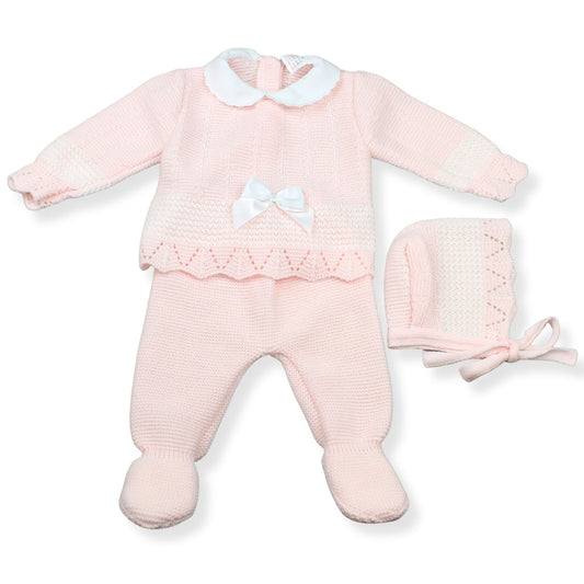 Pink and White Knitted Baby Girls Set | Made in Portugal | Newborn to 3 Months