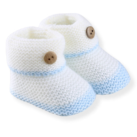 Blue/ White Baby Knitted Booties with Button - Newborn to 6 months