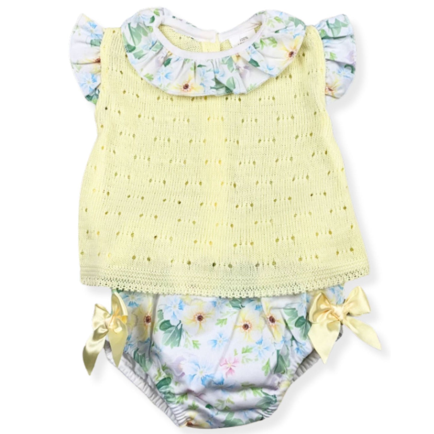 Baby Girls Lemon Yellow Knitted Spring Outfit – Floral Print Jam Pants