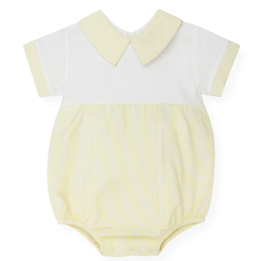 Yellow and white baby romper with a collar on a white background