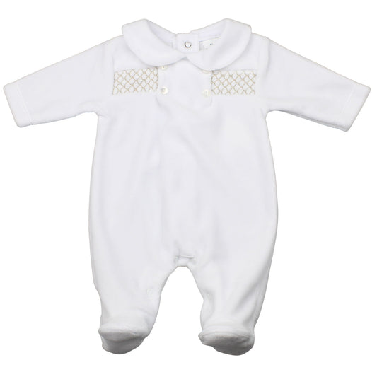 Baby Boys Velour  Sleepsuit with Smocking - White / Beige