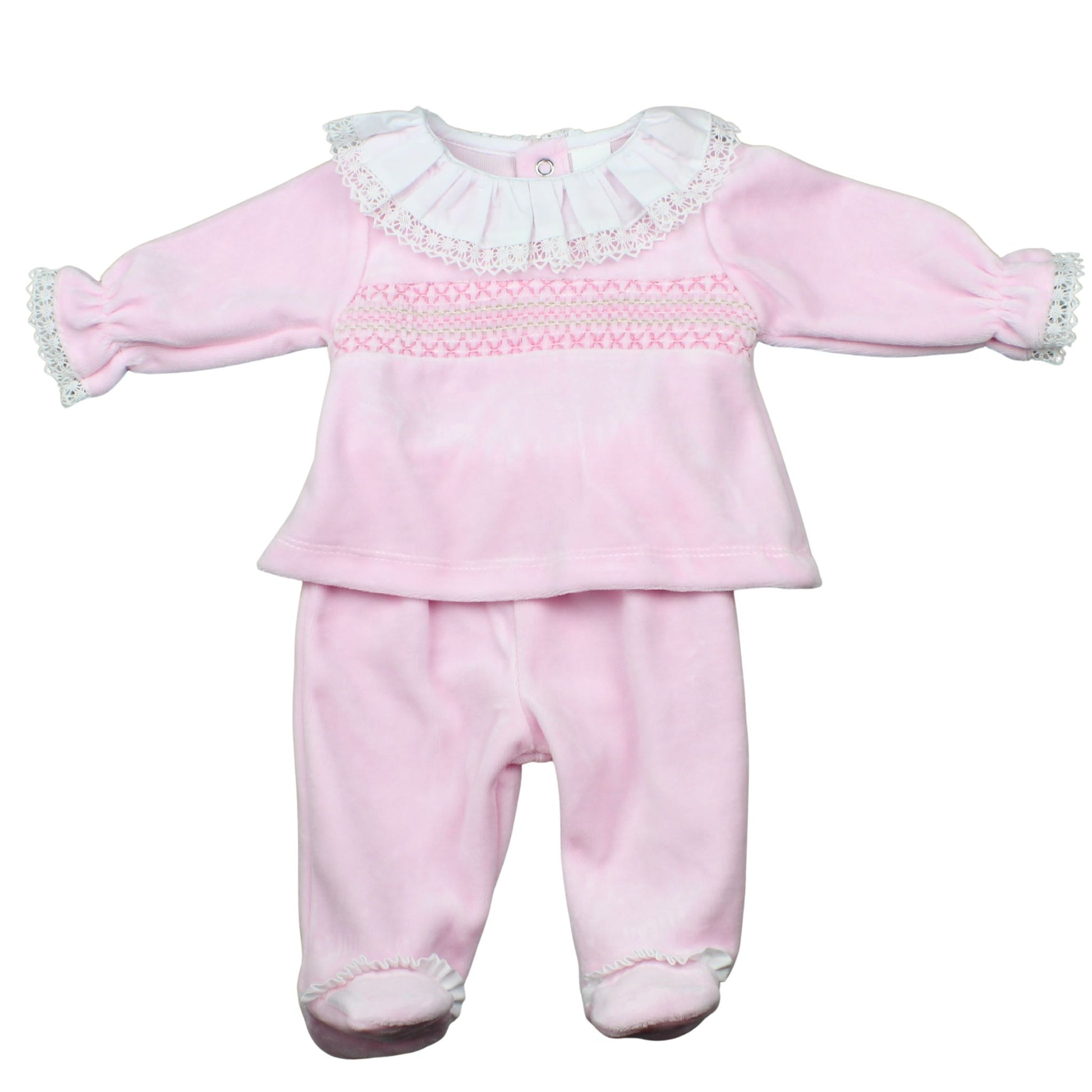 Pink baby outfit with ruffled top and pants on a white background