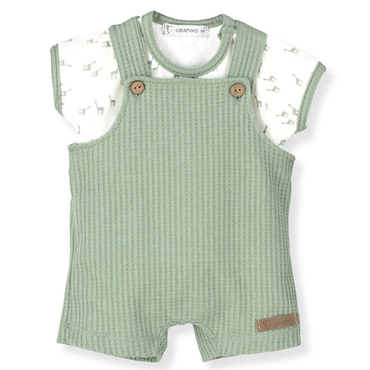 Calamaro Sage Green Waffle Dungaree Set – 2–3 Years