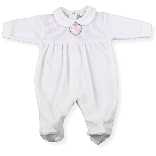 Baby girls white sleepsuit with heart design and bow