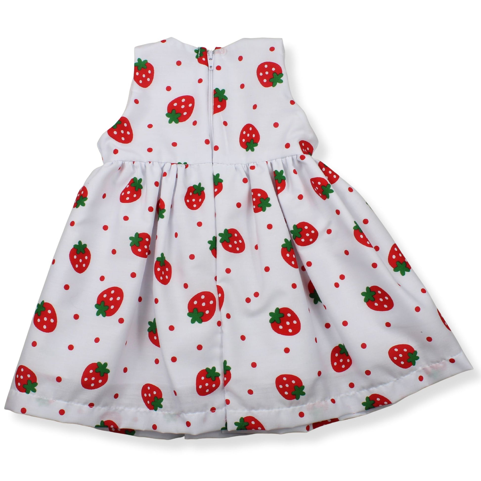 White dress with red strawberry pattern on a white background